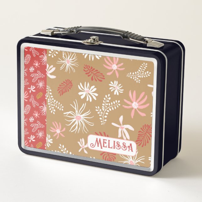 Cute Personal Metal Lunchbox beige & pink floral (Front)