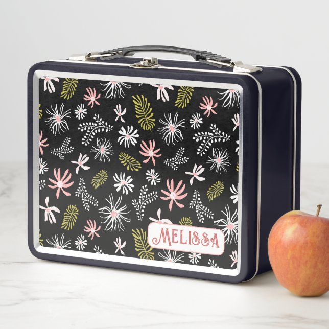 Cute Personal Metal Lunchbox black & pink floral (In Situ)