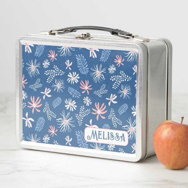 Cute Personal Metal Lunchbox blue & pink floral (In Situ)