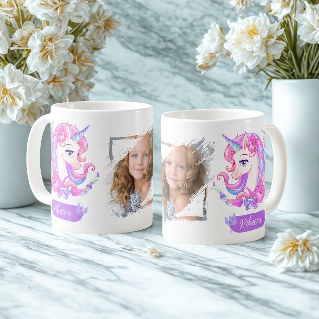 Cute Personalise Gift Floral Unicorn Photo Name  Coffee Mug (Creator Uploaded)