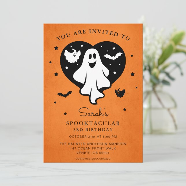 Cute Personalise Halloween Ghost Heart Bat  Invitation (Standing Front)