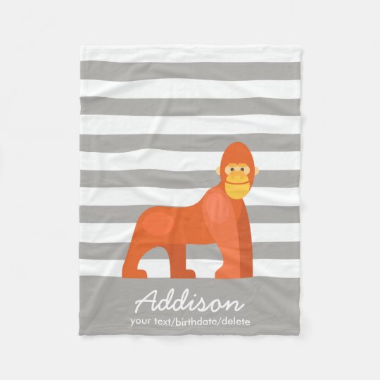 Cute Personalised Baby Gorilla Jungle Grey Stripe Fleece Blanket