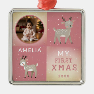 Cute Personalised Baby Photo Reindeer Christmas Metal Ornament