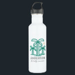 Cute Personalised Beach Family Reunion 710 Ml Water Bottle<br><div class="desc">Commemorate your family or reunion with these unique custom stainless steel water bottle. This design features teal palm trees and a yellow sun perfect for the beach themed trip. Personalise with your family last name and the year of the family reunion. Happy fun in the sun! The background colour can...</div>