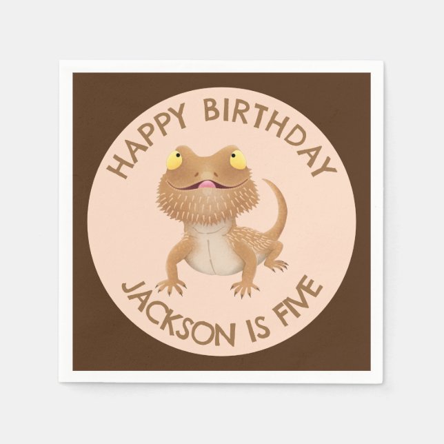 Cute personalised bearded dragon lizard birthday napkin (Front)
