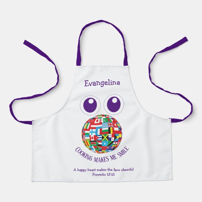 Cute Personalised Bible Verse World Flags Kids Apron (Front)