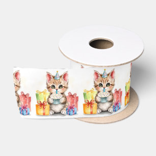 Cute Personalised Birthday Cats Satin Ribbon