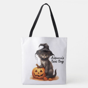 Cute Personalised Black Cat and Pumpkin Tote Bag