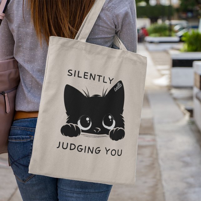 Cute Personalised Black Cat Silently Judging You Tote Bag (Creator Uploaded)