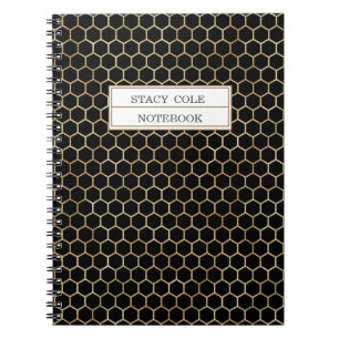 Cute Personalised Black Gold Honeycomb Bee Pattern Notebook