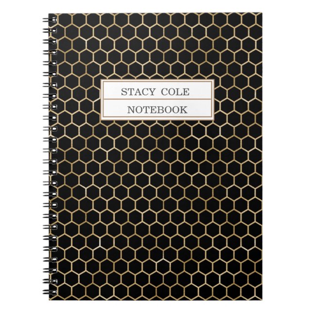 Cute Personalised Black Gold Honeycomb Bee Pattern Notebook (Front)
