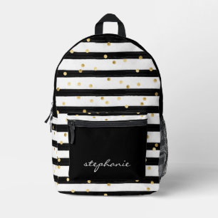 Cute Personalised Black Stripe and Gold Confetti Printed Backpack