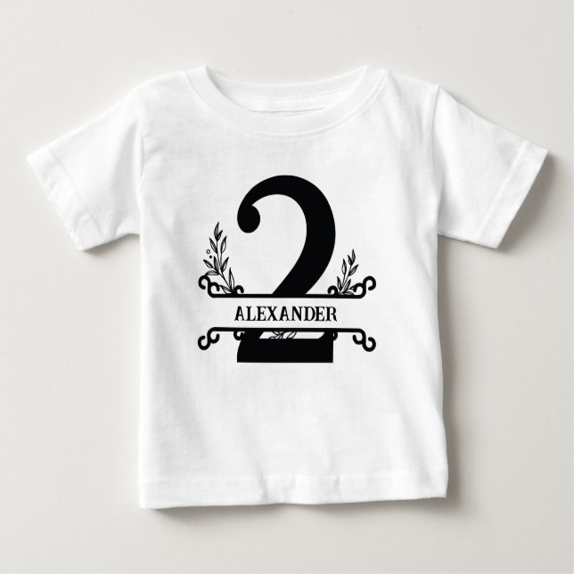 Cute Personalised Black & White Florals Kids Baby T-Shirt (Front)