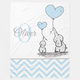 Cute Personalised Blue Grey Elephant Chevron Baby Fleece Blanket