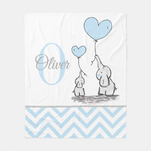 Cute Personalised Blue Grey Elephant Chevron Baby Fleece Blanket