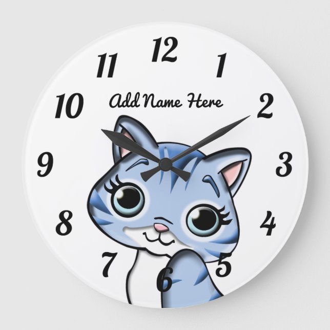 Cute Personalised Blue Kitten Large Clock (Front)