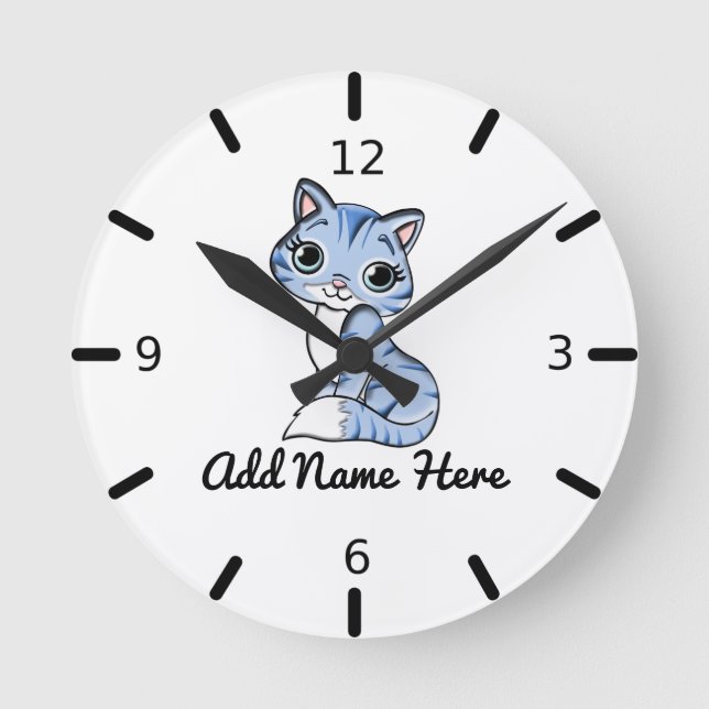 Cute Personalised Blue Kitten Large Clock (Front)