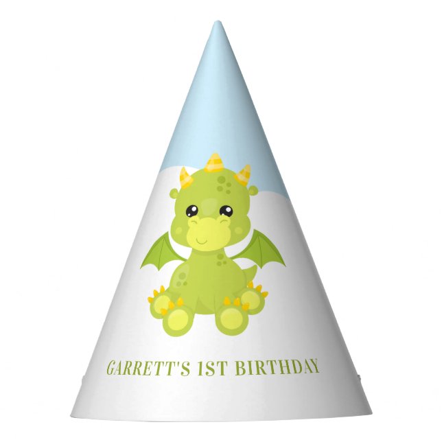 Cute Personalised Boy Dragon 1st Birthday Party Hat (Front)