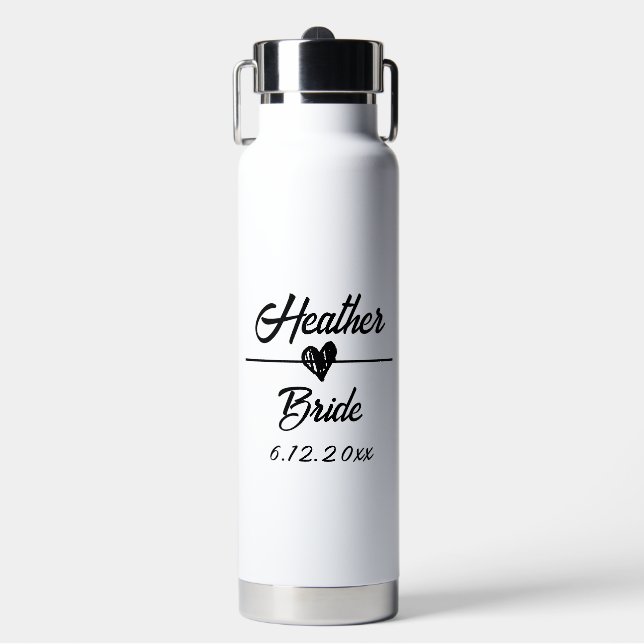 Cute Personalised Bride Black and White Water Bottle (Front)