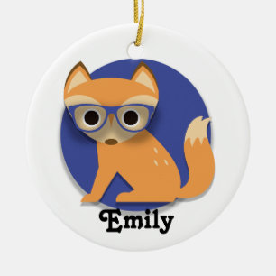 Cute Personalised Brown Fox w/ Glasses Blue Ceramic Ornament