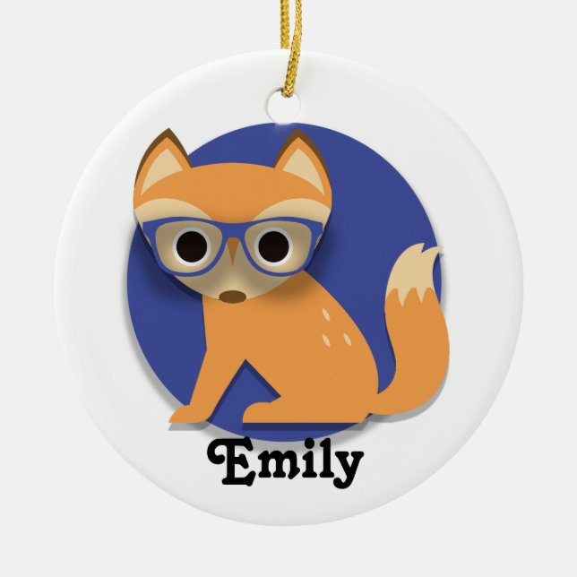 Cute Personalised Brown Fox w/ Glasses Blue Ceramic Ornament (Front)