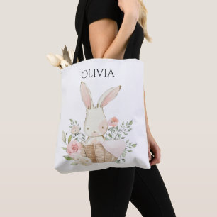 Cute Personalised Bunny Rabbit in Basket  Tote Bag