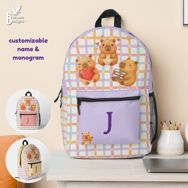 Cute Personalised Capybara Printed Backpack (Cute capybara backpack in LILAC featuring trio of capybaras and customizable name and monogram)
