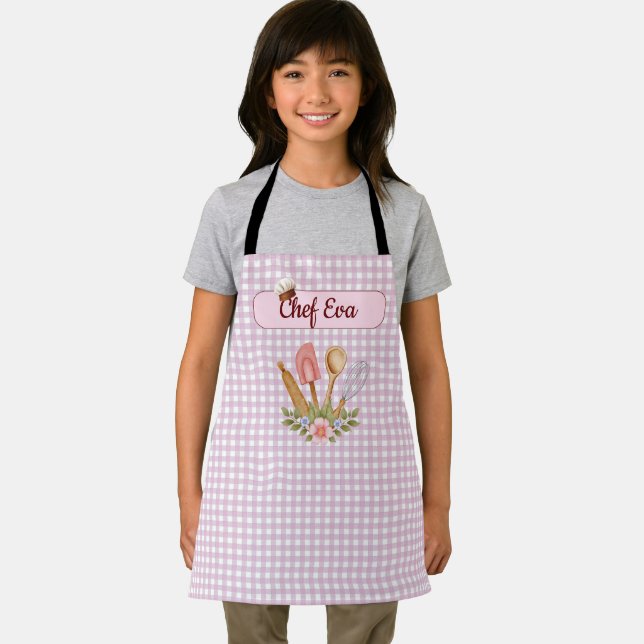 Cute Personalised Chef Cooking Baking Pink Gingham Apron (Insitu)