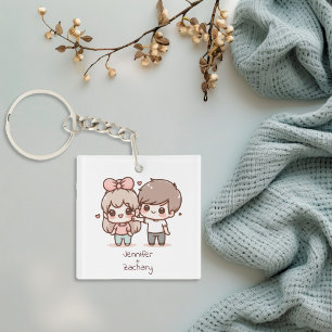 Cute Personalised Chibi-Style Flirting Couple  Key Ring