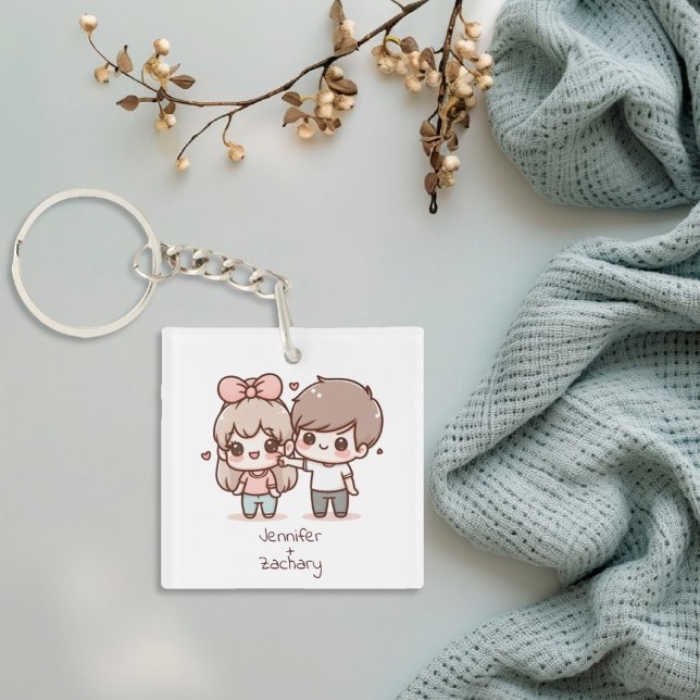 Cute Personalised Chibi-Style Flirting Couple  Key Ring (Cute Personalized Chibi-Style Flirting Couple Keychain
)