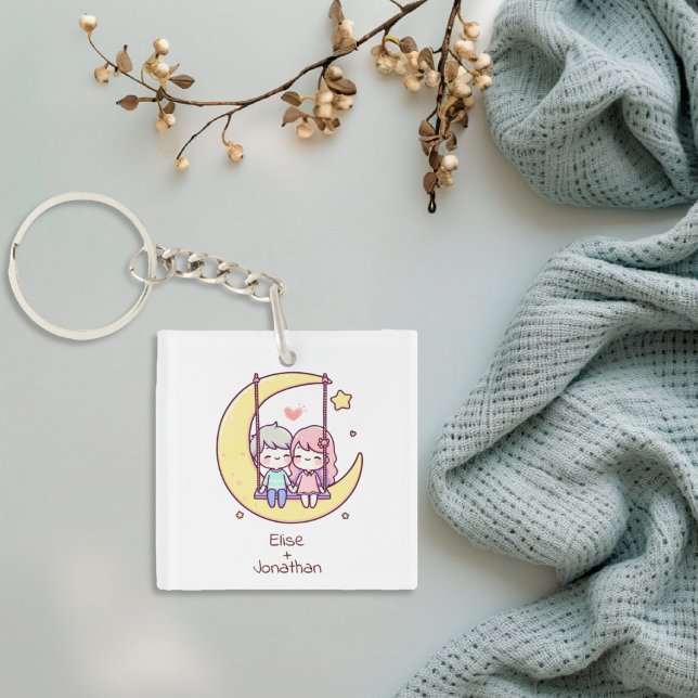 Cute Personalised Chibi-Style Moon Swing Couple  Key Ring (Cute Personalized Chibi-Style Moon Swing Couple Keychain)