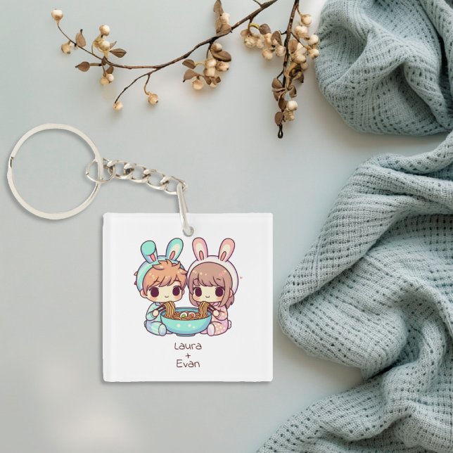 Cute Personalised Chibi-Style Ramen Couple  Key Ring (Cute Personalized Chibi-Style Ramen Couple Keychain)