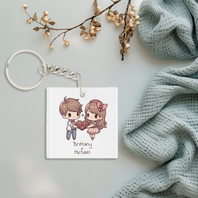 Cute Personalised Chibi-Style Valentine Couple  Key Ring (Cute Personalized Chibi-Style Couple Keychain)