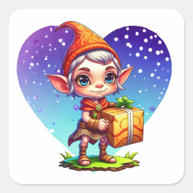 Cute Personalised Christmas Elf Square Sticker (Front)