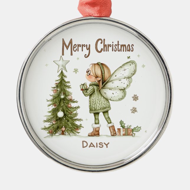 Cute Personalised Christmas Fairy and Tree  Metal Ornament (Front)