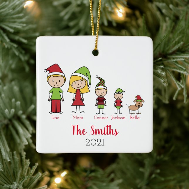 Cute Personalised Christmas Family With Dog Ceramic Ornament (Tree)