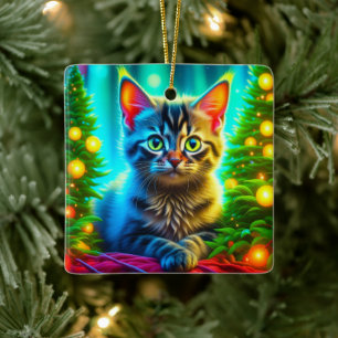 Cute Personalised Christmas Lights and Kitten  Ceramic Ornament