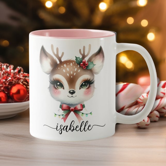 Cute Personalised Christmas Reindeer Two-Tone Coffee Mug (Cute Personalized Christmas Reindeer Two-Tone Coffee Mug)