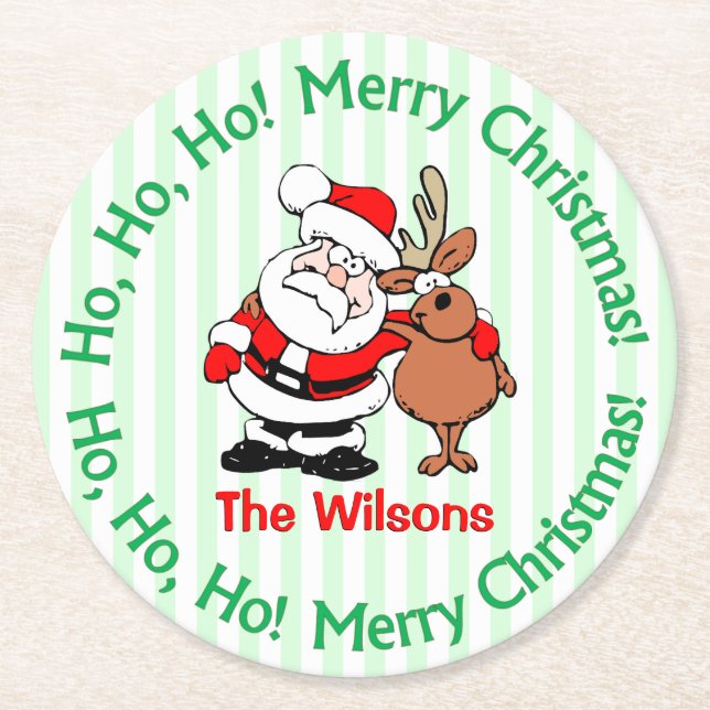 Cute Personalised Christmas Santa Claus Round Paper Coaster (Front)