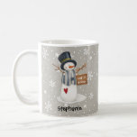 Cute Personalised Christmas Snowman Let It Snow Coffee Mug<br><div class="desc">This cute holiday mug features snowman holding sign saying "Let it Snow" and personalised with your name on a grey snow background. Perfect for this Christmas season.</div>
