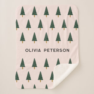 Cute Personalised Christmas Tree Pattern Pink Sherpa Blanket