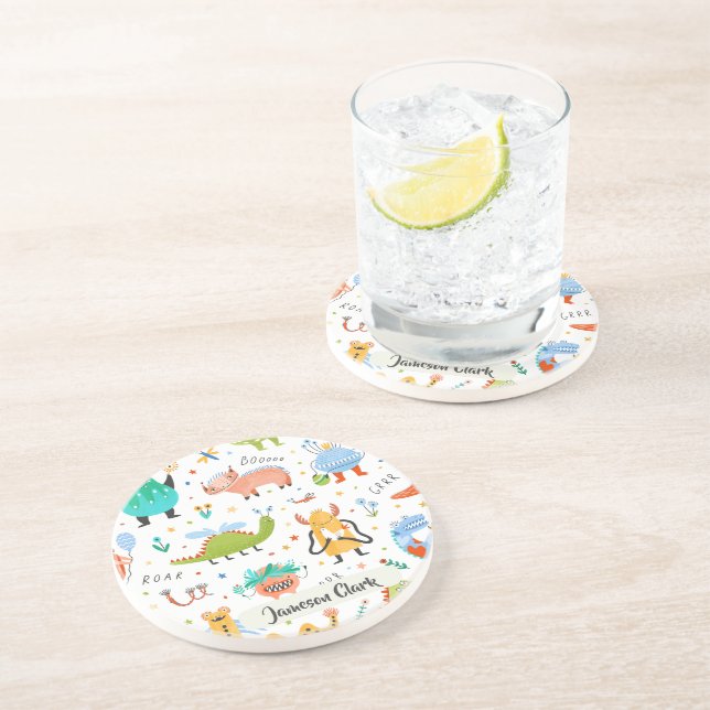 Cute Personalised Colourful Dinosaur Alien Kids Coaster (Side)