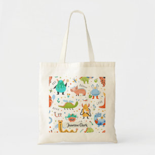 Cute Personalised Colourful Dinosaur Alien Kids Tote Bag