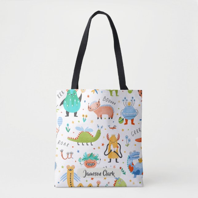 Cute Personalised Colourful Dinosaur Alien Kids Tote Bag (Front)
