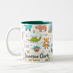 Cute Personalised Colourful Dinosaur Alien Kids Two-Tone Coffee Mug