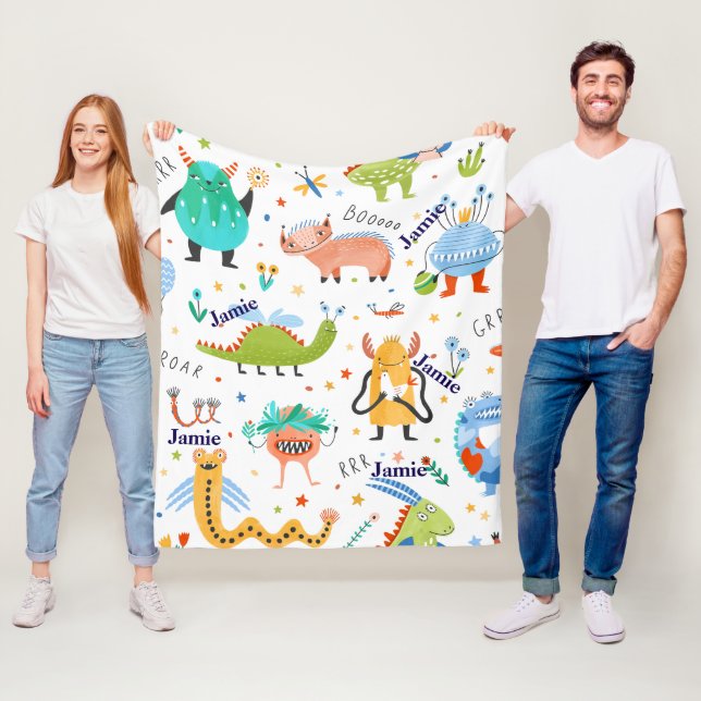 Cute Personalised Colourful Dinosaur Kids Pattern Fleece Blanket (In Situ)