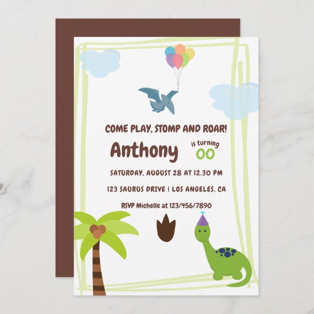 Cute Personalised Dinosaur themed Party Invitation (Front/Back)