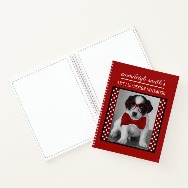 Cute Personalised Dog Glasses Black Red Polka Dots Notebook (Inside)