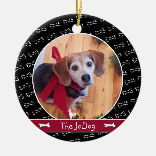 Cute Personalised Dog Photo Dog Bone Pattern Black Ceramic Ornament (Front)