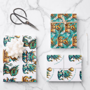 Cute Personalised Dragon Themed Birthday Wrapping Paper Sheet